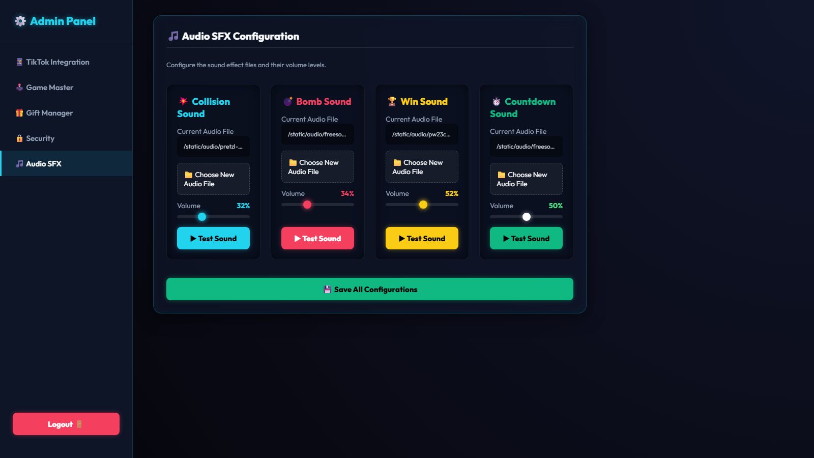 Admin Panel - Audio SFX Configuration tab