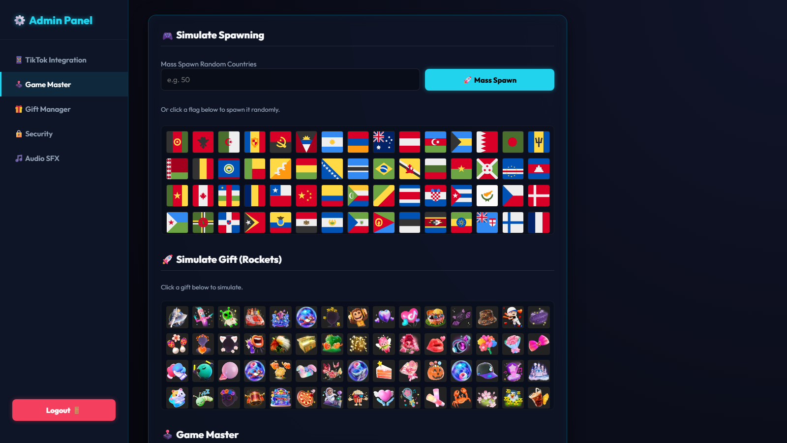 Admin Panel - Game Master tab with country and gift simulation grids