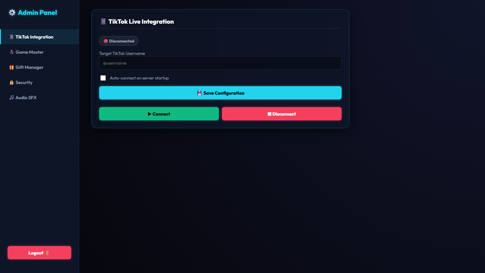 Admin Panel - TikTok Integration tab